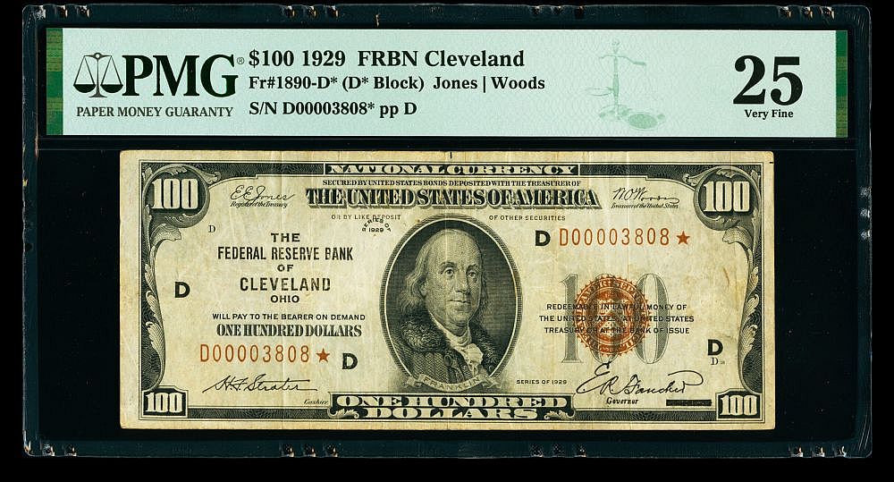 Fr.1890-D*, 1929 $100 Cleveland Star FRBN, VF, PMG-25, D00003808*